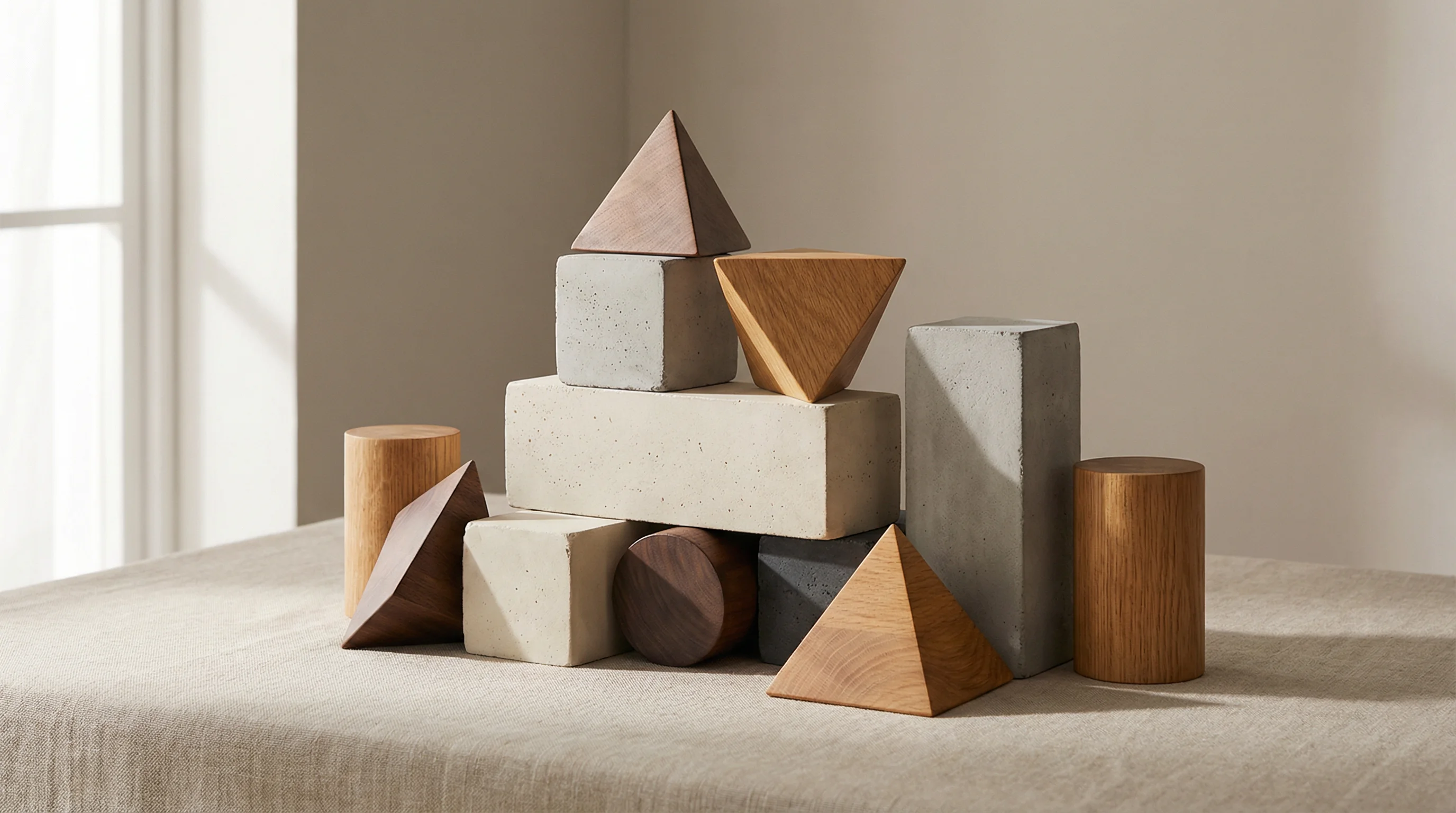 Abstract geometric composition with concrete and wood