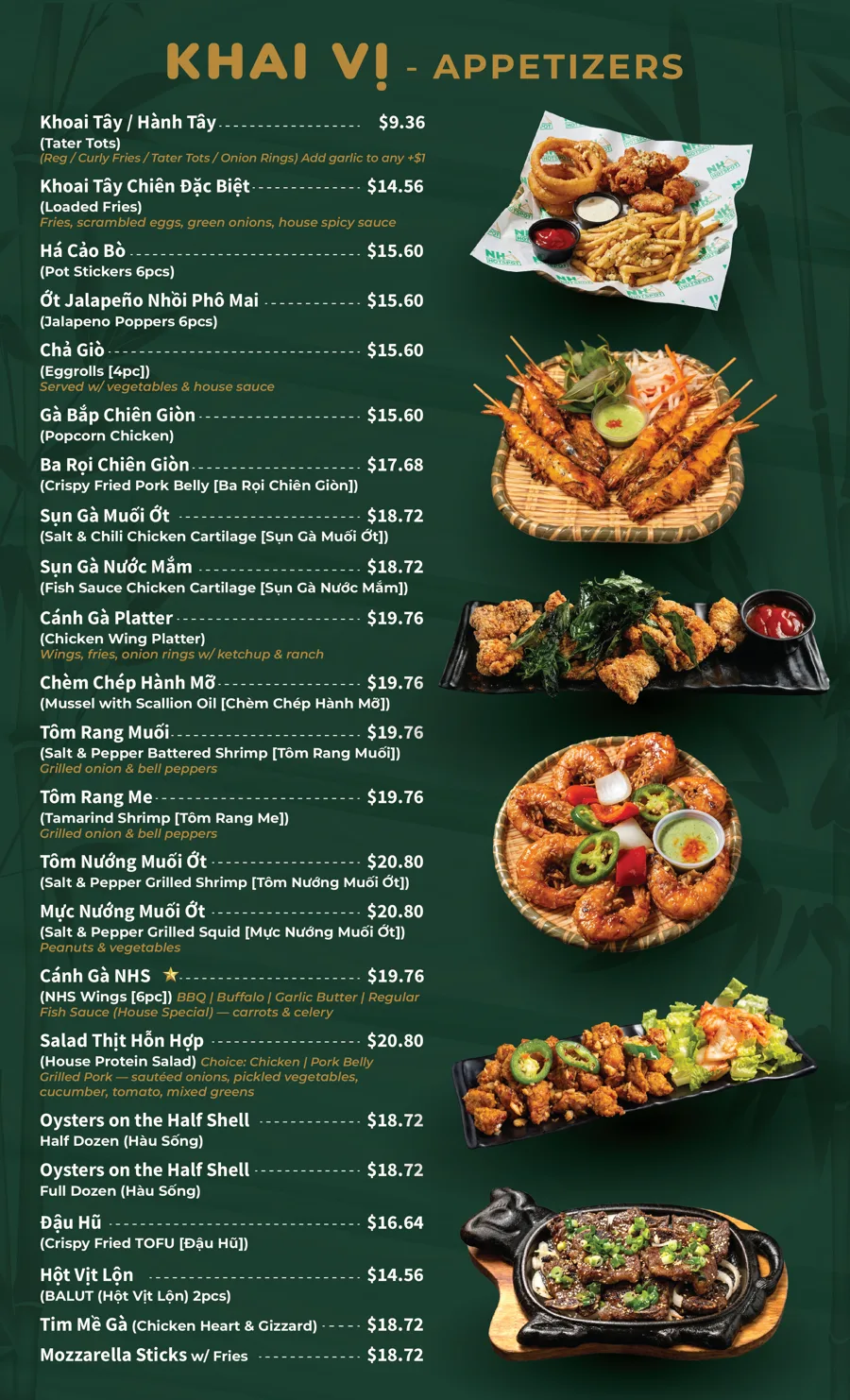 NHÀ HOTSPOT menu appetizers page