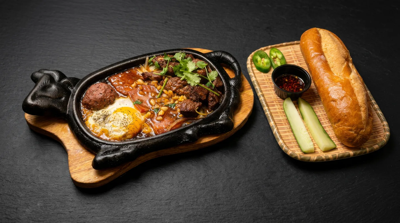 Studio food photo: bò né sizzling plate